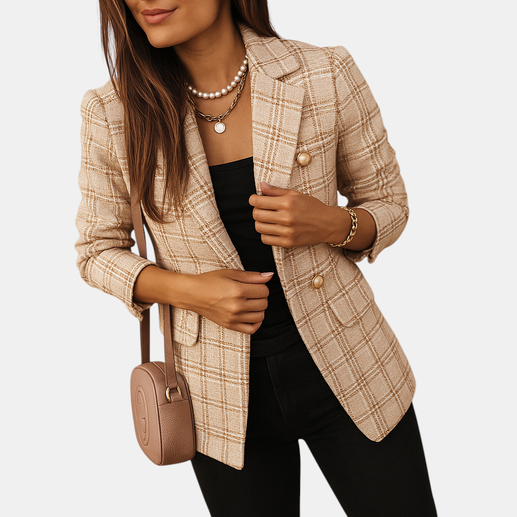 Geruite damesblazer met double-breasted design en lange mouwen, perfect voor zakelijke of casual looks.