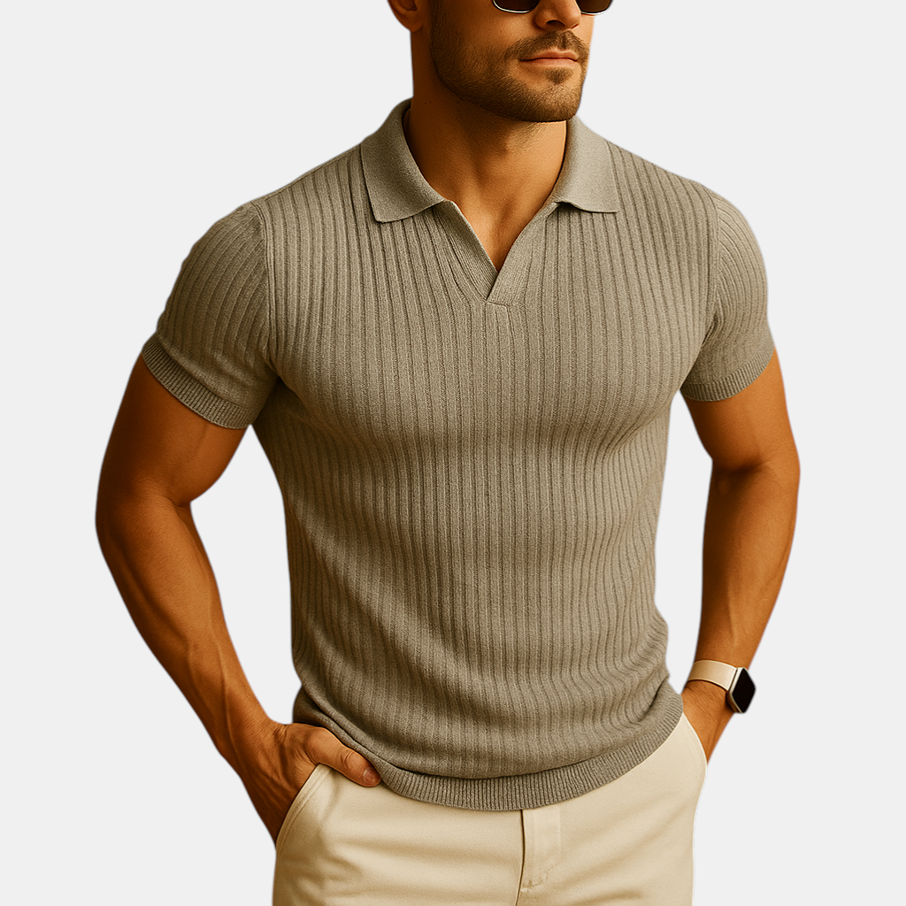 Elegant men's polo shirt with V-neck, slim fit, and short sleeves for a chic casual style.