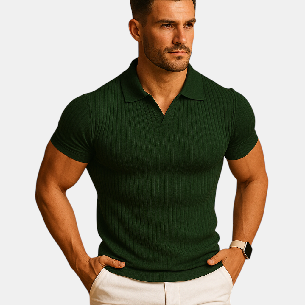 High-end men's polo shirt with V-neck, slim fit, and short sleeves for a sophisticated casual look.