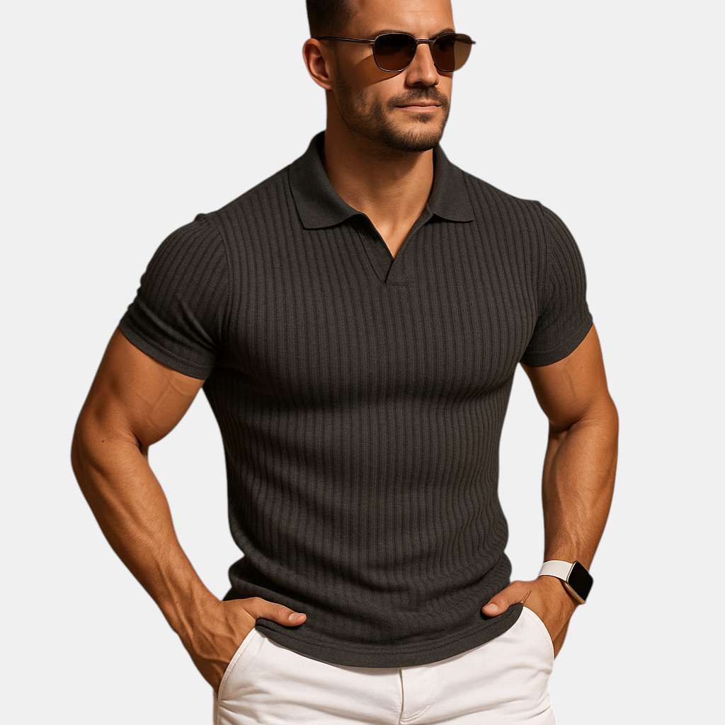 Designer men's polo shirt with V-neck, slim fit, and short sleeves for a refined casual style.
