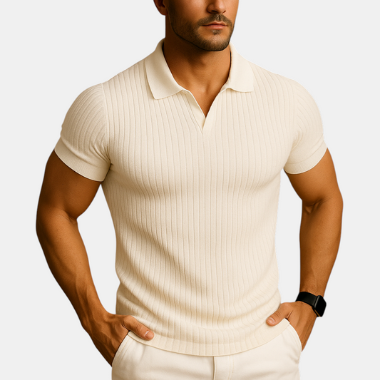 Luxury men's polo shirt with V-neck, slim fit, and short sleeves for a stylish casual look.