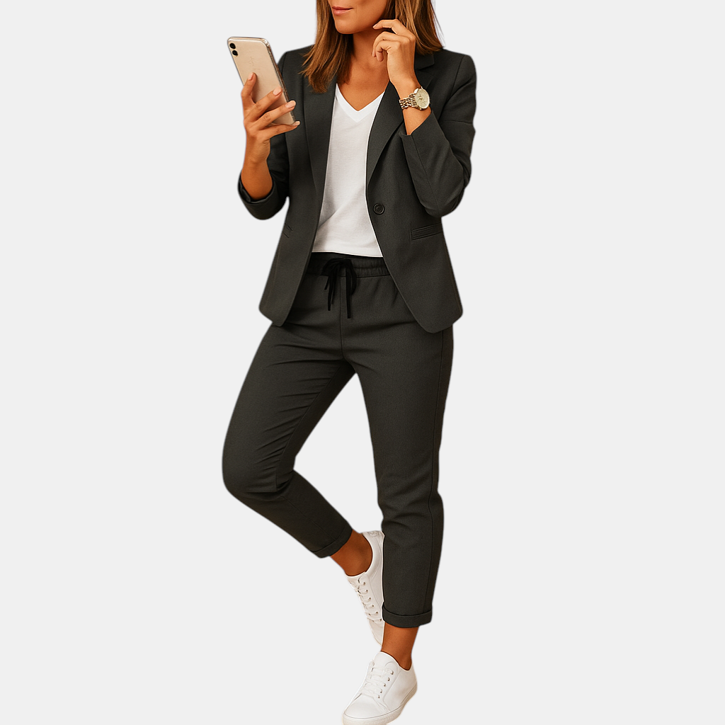 Dames set met blazer en pantalon in lavendel, zwart en beige – ideaal voor formele gelegenheden, werk en stijlvolle avonden.