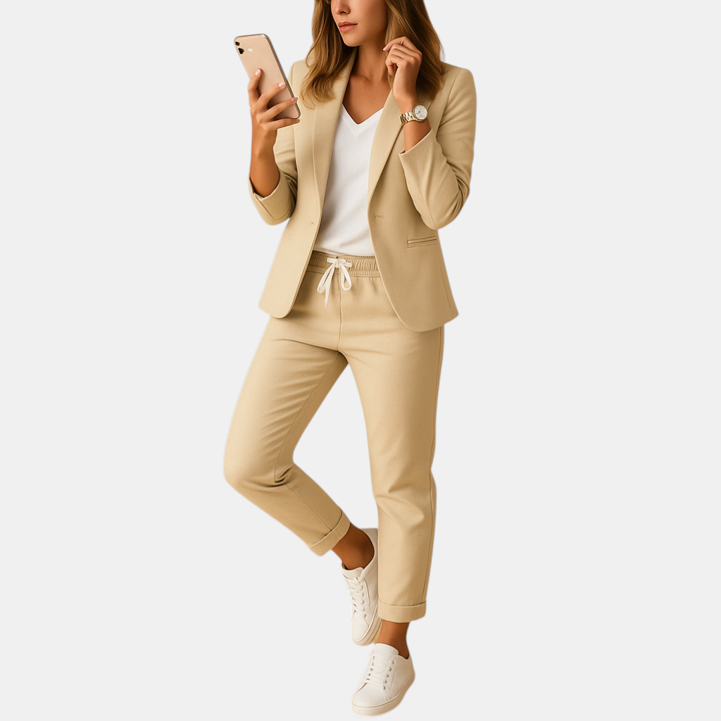Stijlvolle dame blazer en pantalon set in lavendel, zwart en beige voor formele gelegenheden.