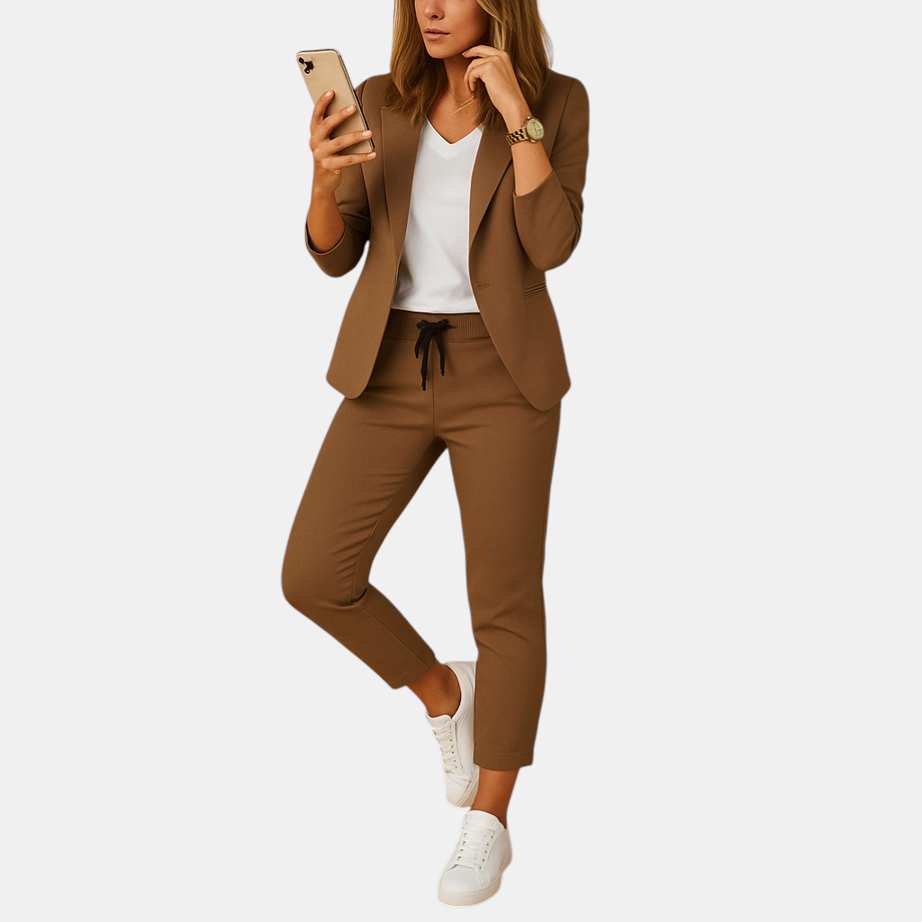 Elegante dame blazer en pantalon set in lavendel, zwart en beige voor formele evenementen en stijlvolle avonden.