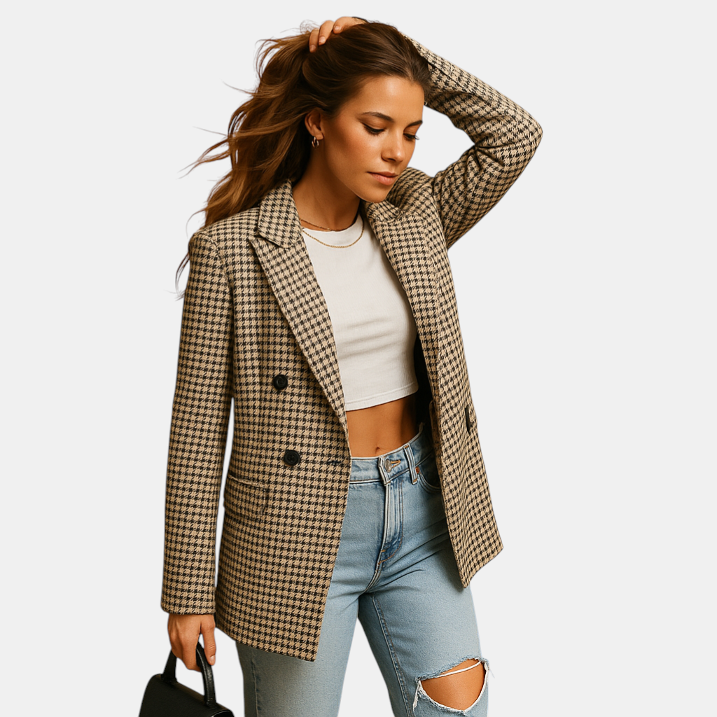 Dames blazer met getailleerde pasvorm en klassieke snit van natuurlijke vezels, ideaal voor werk, formele en stijlvolle casual gelegenheden.