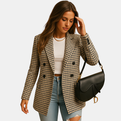 Dames blazer met getailleerde pasvorm en klassieke snit van natuurlijke vezels, ideaal voor werk, formele en stijlvolle casual gelegenheden.