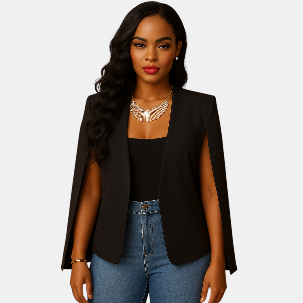 Getailleerde damesblazer met klassieke snit en schouderdetails, geschikt voor werk of een elegante avondlook.