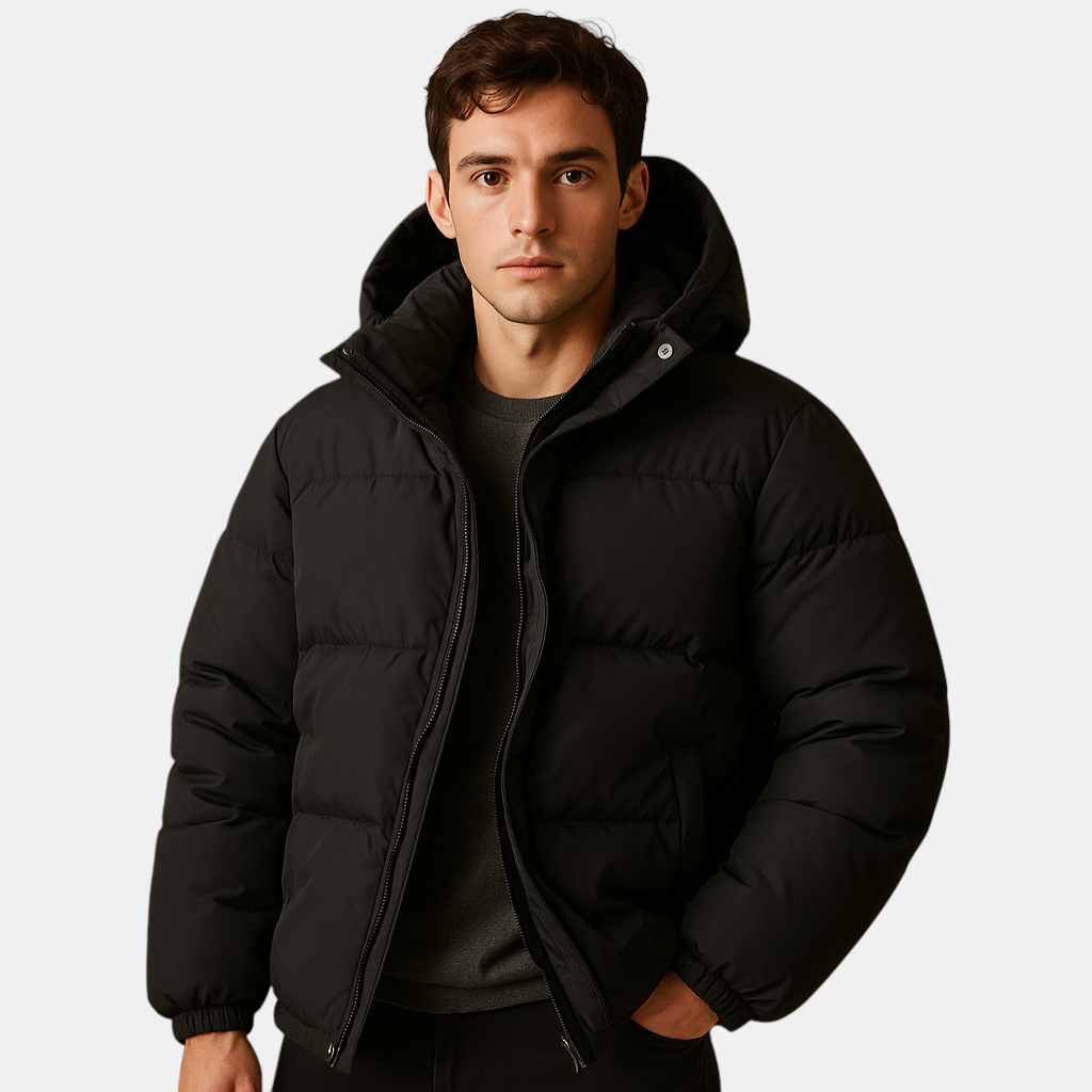 Gewatteerde pufferjas met capuchon voor heren, licht en warm met sportief design, ideaal voor koude winterdagen en outdooractiviteiten.