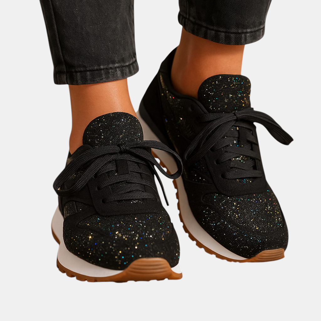 Glitter sneakers voor dames met pailletten en vetersluiting, ideaal voor een feestelijke en stijlvolle look.