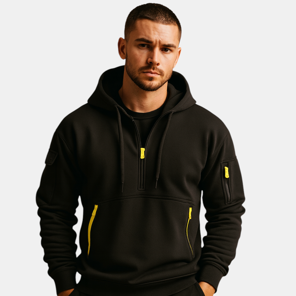 Heren hoodie met capuchon in khaki, zwart, grijs en marineblauw. Comfortabel en veelzijdig, ideaal voor casual en sportieve outfits in de herfst en winter.