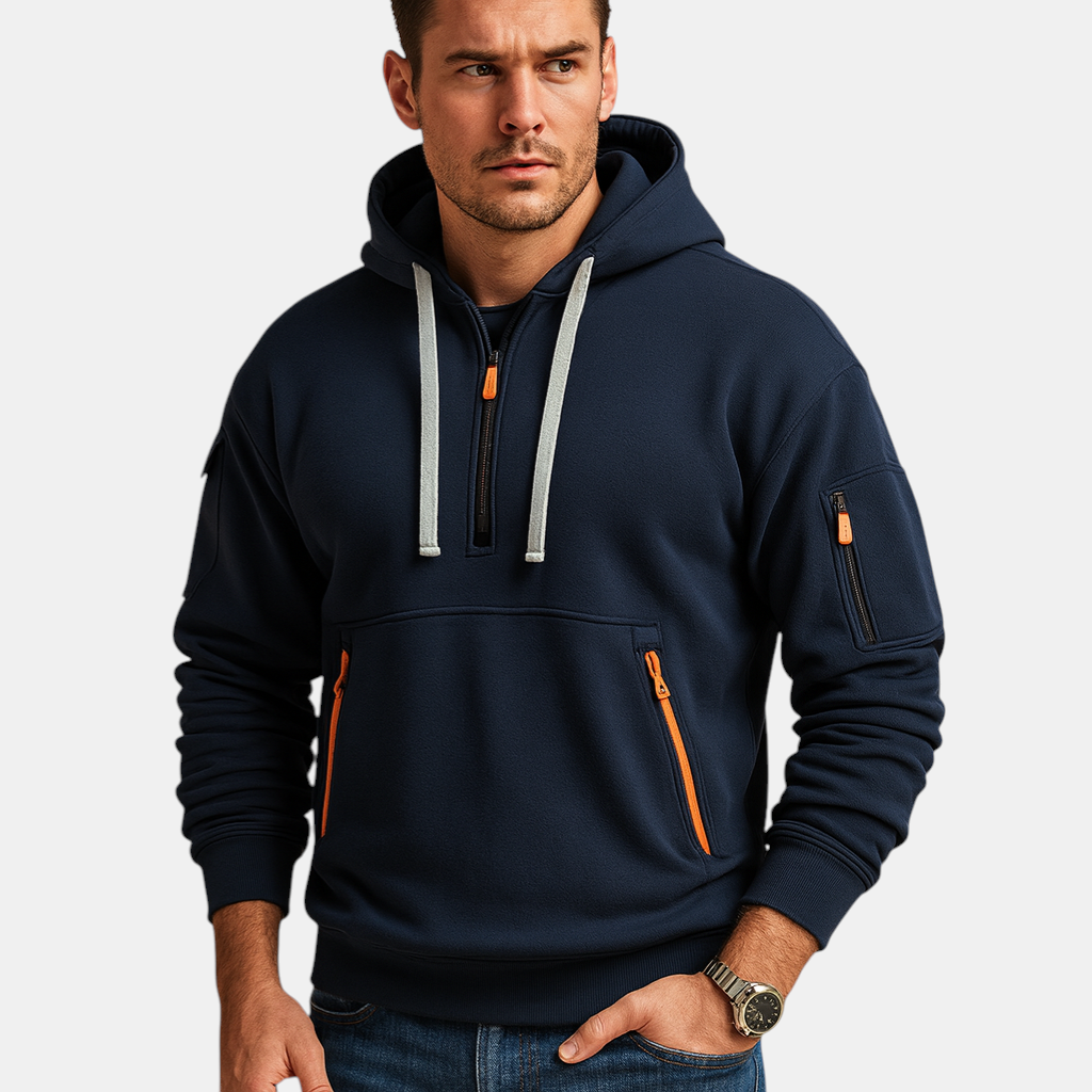 Heren hoodie met capuchon in khaki, zwart, grijs en marineblauw. Comfortabel en veelzijdig, ideaal voor casual en sportieve outfits in de herfst en winter.