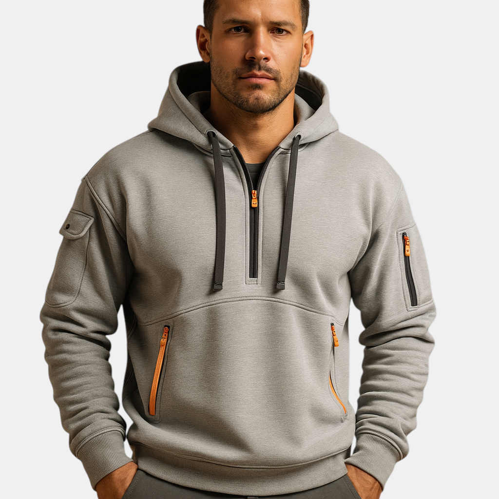 Heren hoodie met capuchon in khaki, zwart, grijs en marineblauw. Comfortabel en veelzijdig, ideaal voor casual en sportieve outfits in de herfst en winter.