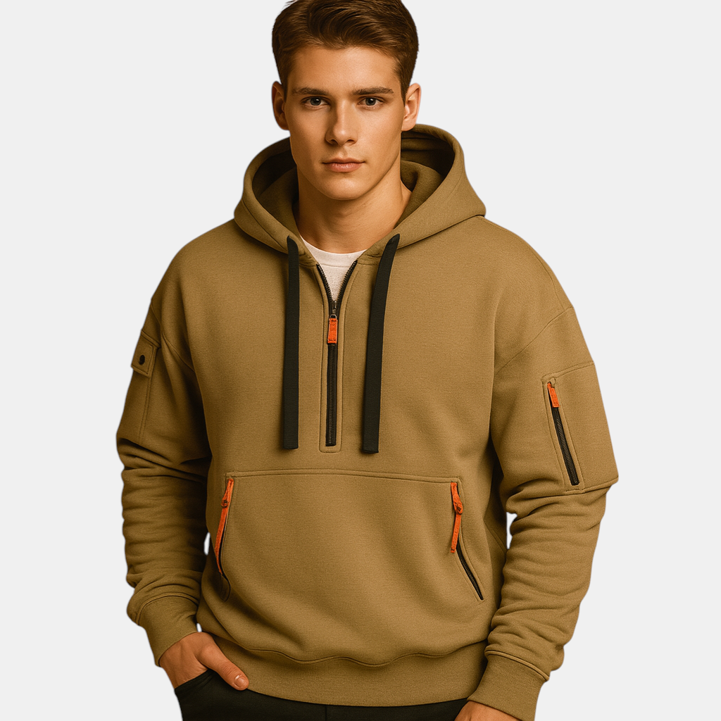 Heren hoodie met capuchon in khaki, zwart, grijs en marineblauw. Comfortabel en veelzijdig, ideaal voor casual en sportieve outfits in de herfst en winter.