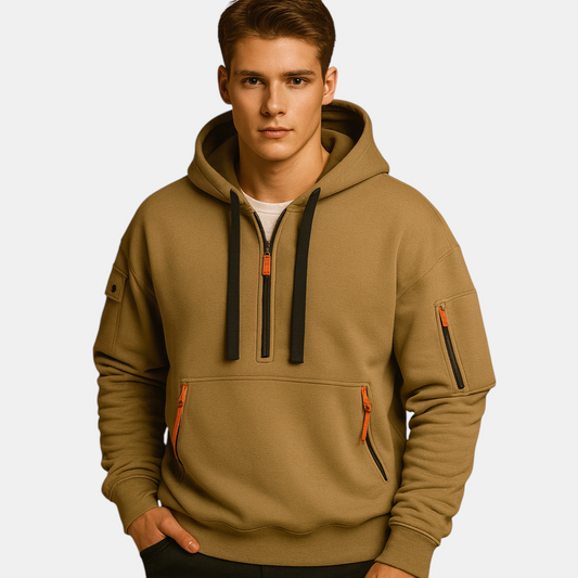 Heren hoodie met capuchon in khaki, zwart, grijs en marineblauw. Comfortabel en veelzijdig, ideaal voor casual en sportieve outfits in de herfst en winter.