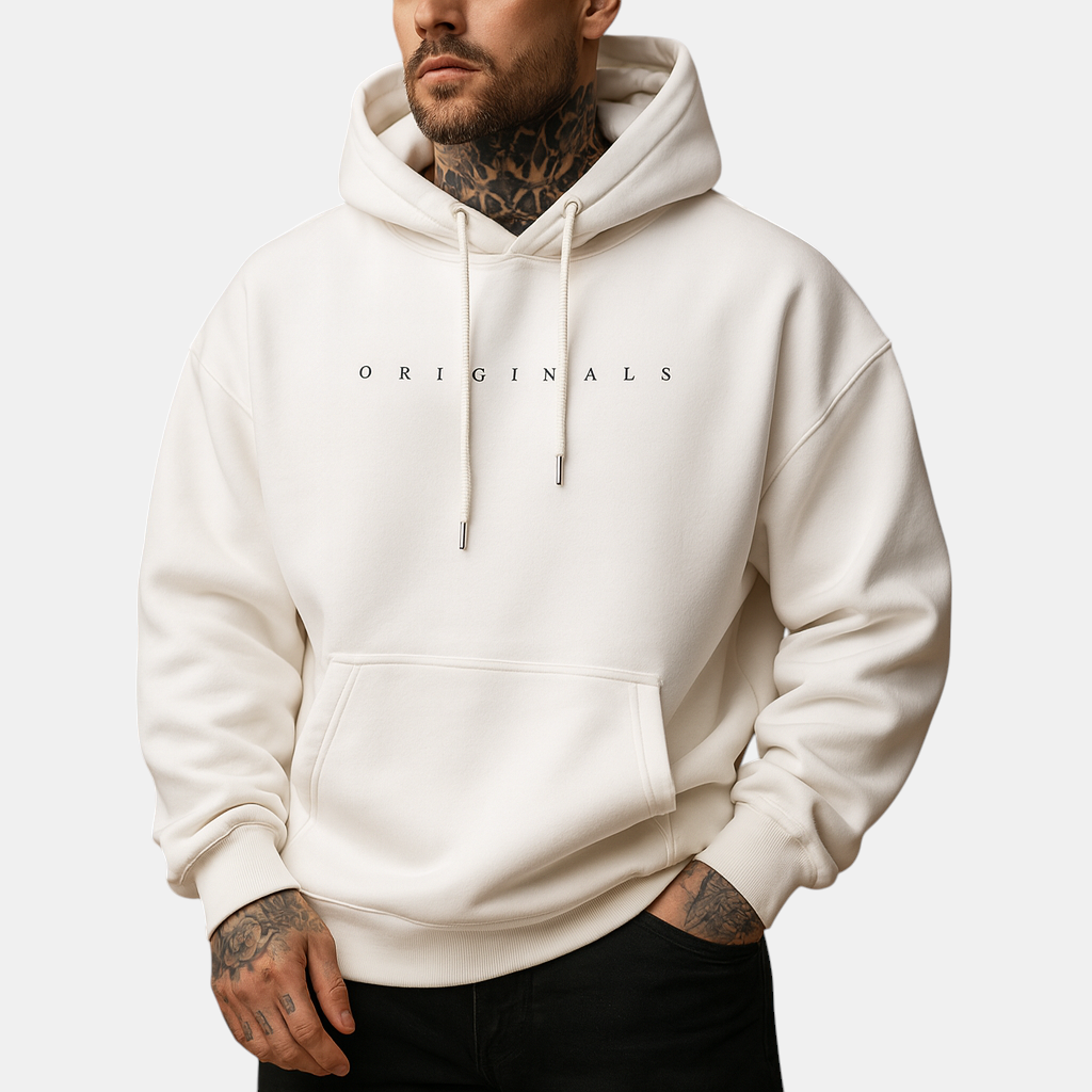 Heren hoodie met capuchon in zwart, wit en geel, comfortabel en warm, ideaal voor casual en sportieve looks tijdens de herfst en winter.