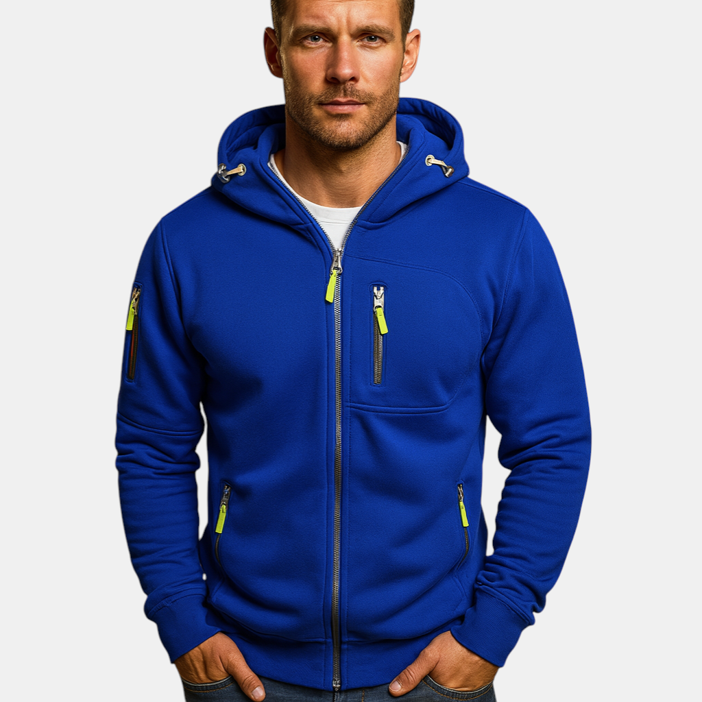 Heren hoodie met rits en capuchon, verkrijgbaar in meerdere kleuren. Comfortabel en veelzijdig voor casual en sportieve outfits in de herfst en winter.