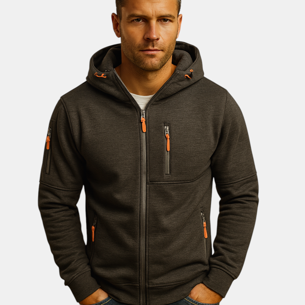 Heren hoodie met rits en capuchon, verkrijgbaar in meerdere kleuren. Comfortabel en veelzijdig voor casual en sportieve outfits in de herfst en winter.