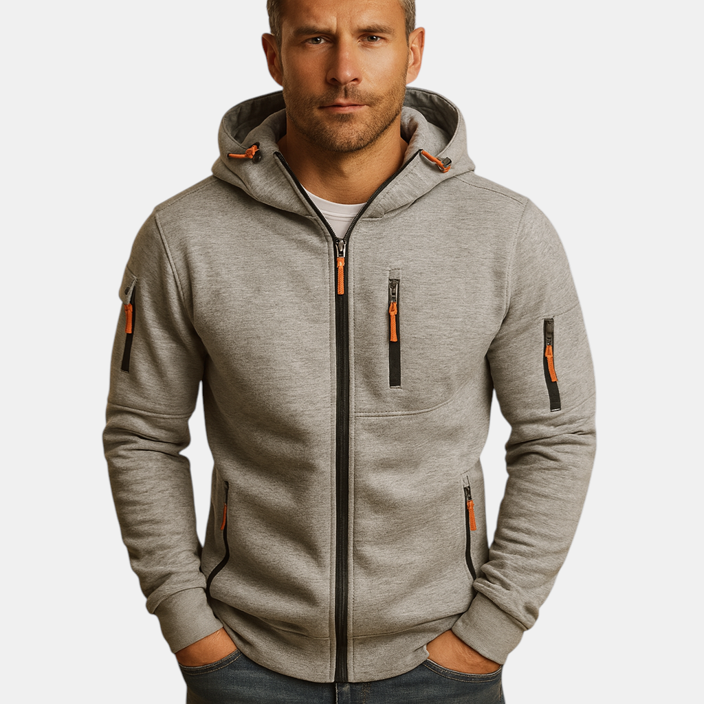 Heren hoodie met rits en capuchon, verkrijgbaar in meerdere kleuren. Comfortabel en veelzijdig voor casual en sportieve outfits in de herfst en winter.