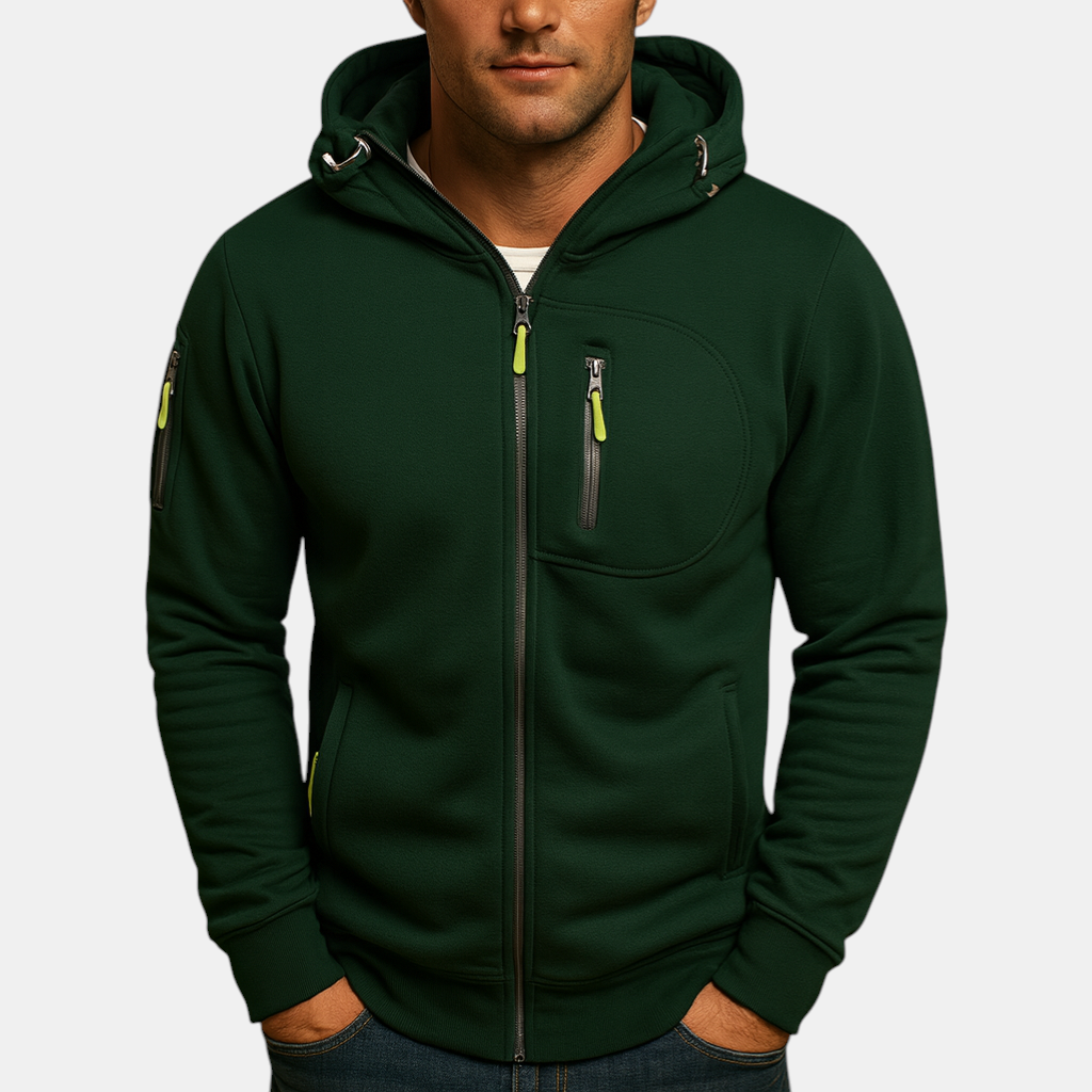 Heren hoodie met rits en capuchon, verkrijgbaar in meerdere kleuren. Comfortabel en veelzijdig voor casual en sportieve outfits in de herfst en winter.