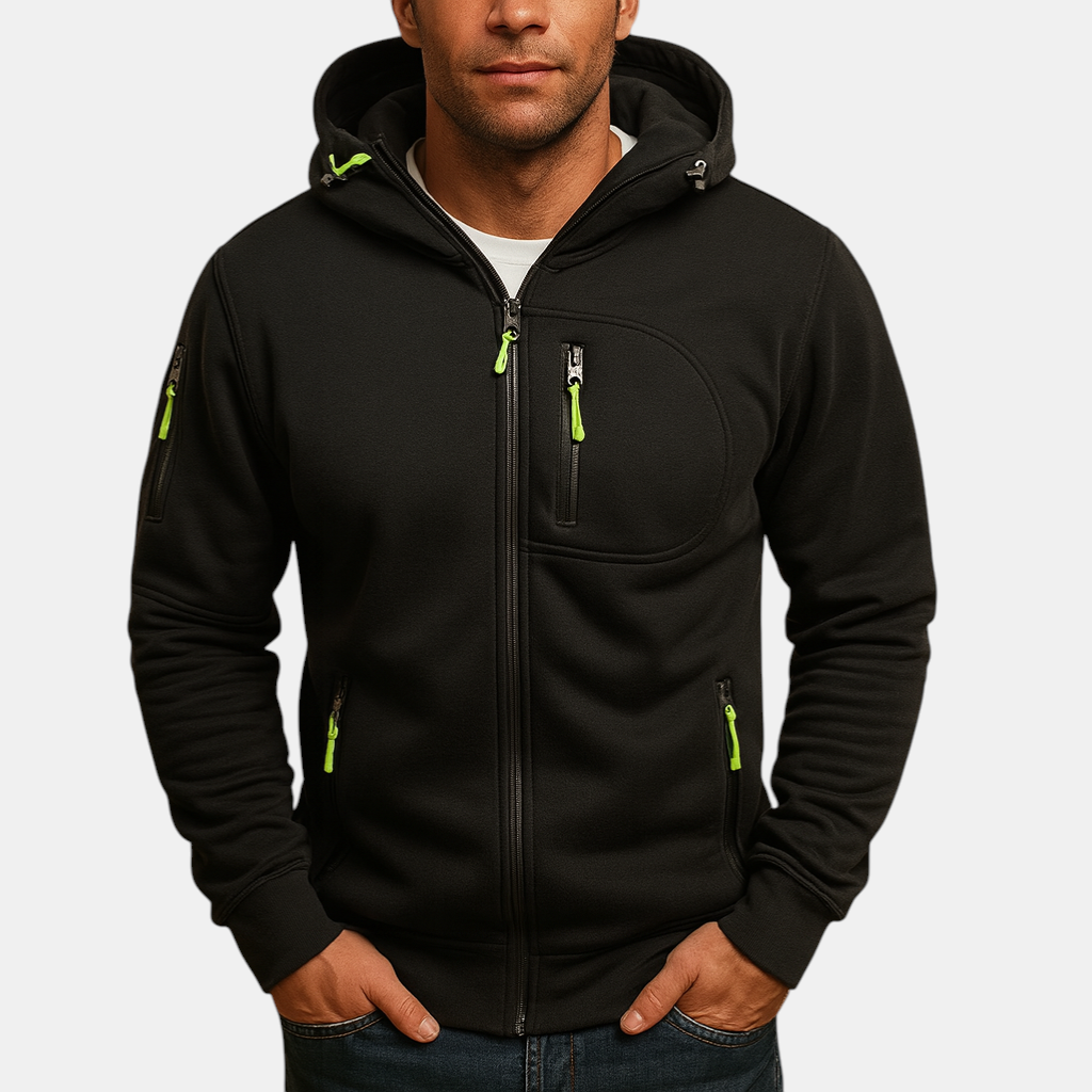 Heren hoodie met rits en capuchon, verkrijgbaar in meerdere kleuren. Comfortabel en veelzijdig voor casual en sportieve outfits in de herfst en winter.