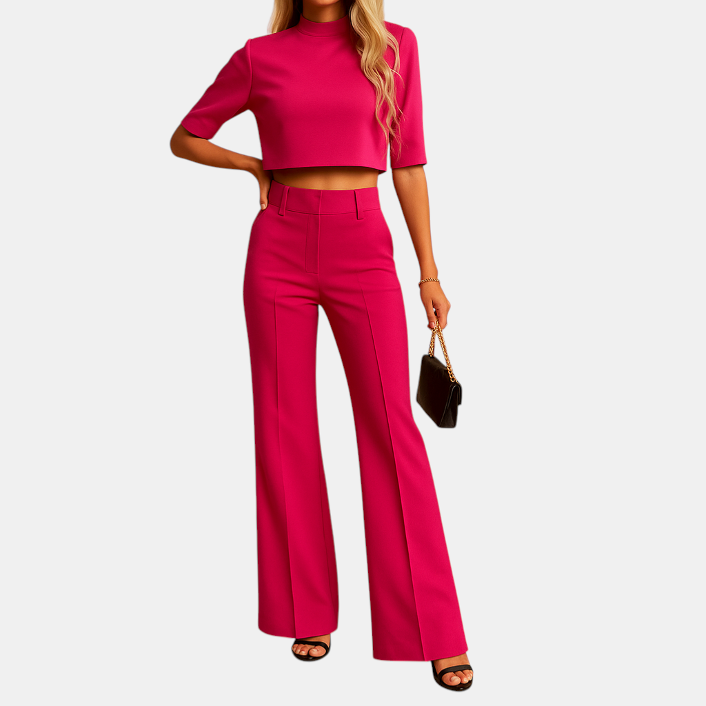 High-end autumn set for women featuring a cropped top and tailored trousers made from soft, high-quality materials ideal for 