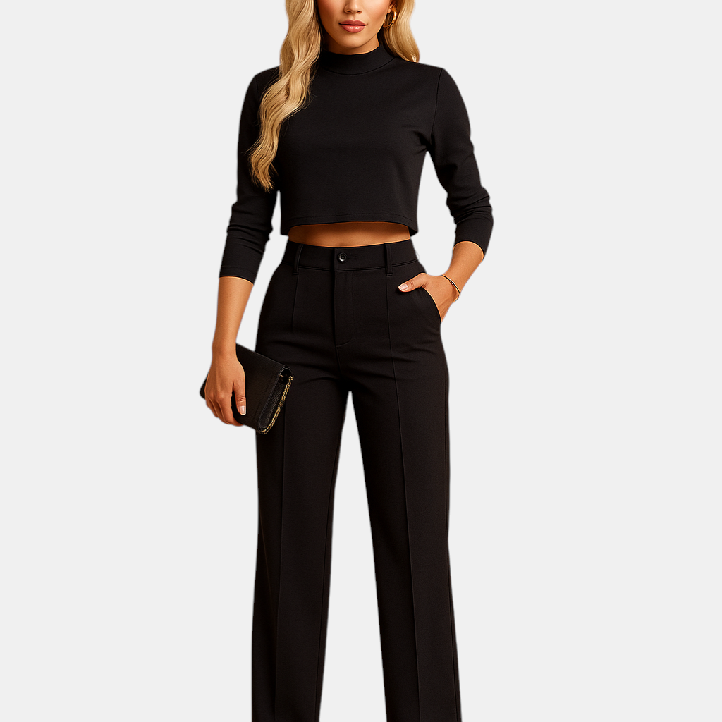 Exclusive luxury autumn ensemble for elegant women featuring a cropped top and tailored trousers made from warm, high-quality