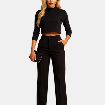 Exclusive luxury autumn ensemble for elegant women featuring a cropped top and tailored trousers made from warm, high-quality