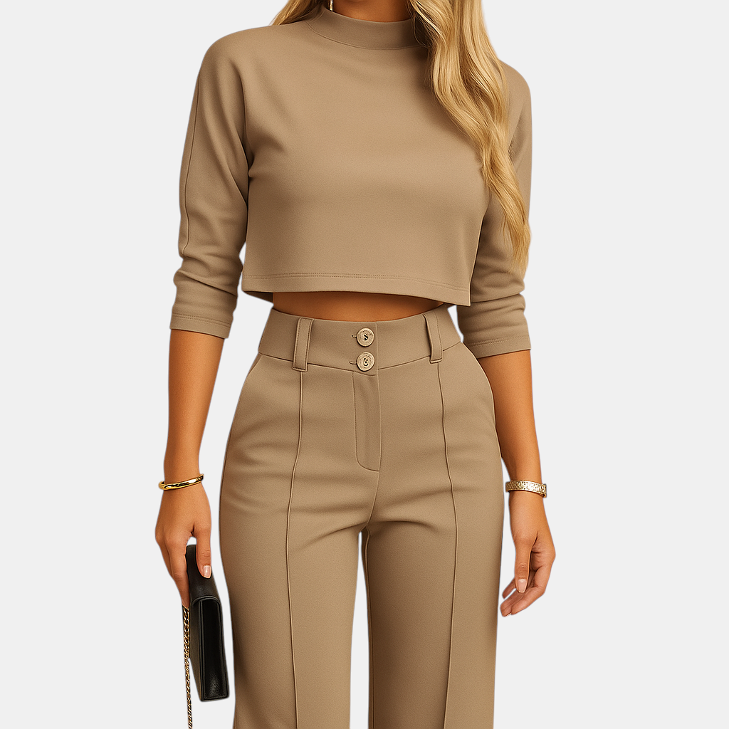 Luxurious autumn outfit for ladies consisting of a cropped top and tailored trousers crafted from soft, warm fabrics suitable