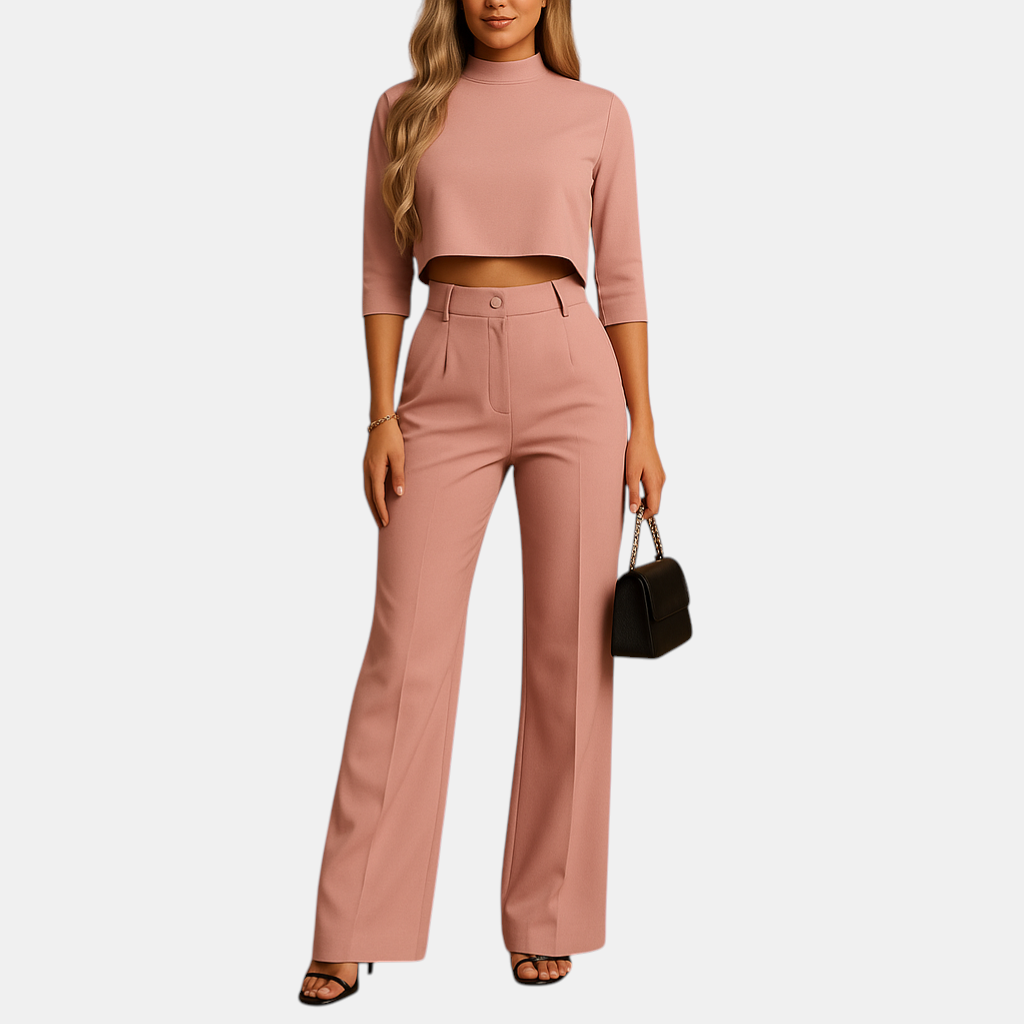Elegant autumn ensemble for women with a cropped top and tailored trousers made from plush, warm fabrics perfect for office o