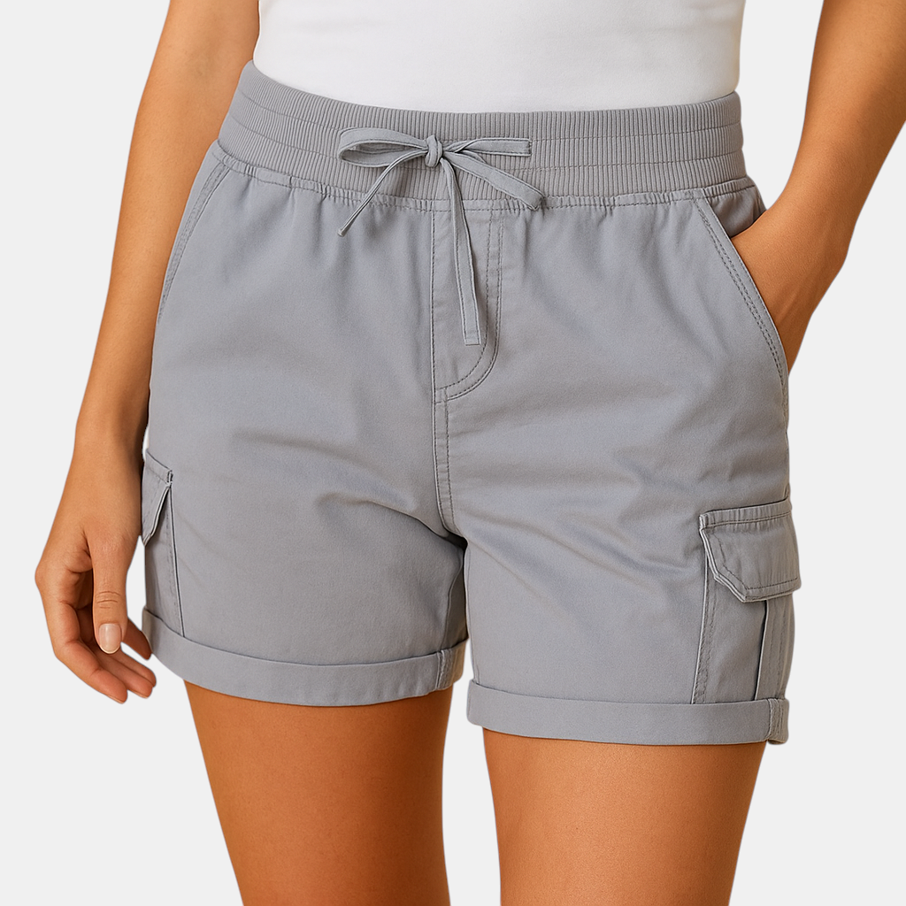 Korte damesbroek met hoge taille in legergroen, zwart en khaki – perfect voor warme zomerdagen en casual outfits.