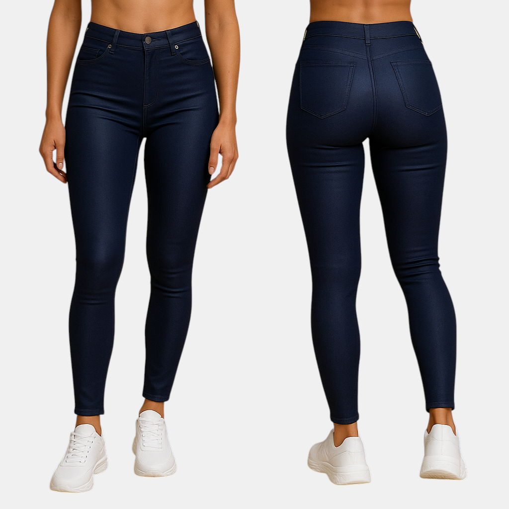 Damesbroek met hoge taille en slim fit pasvorm, gemaakt van rekbaar materiaal voor een flatterend en stijlvol silhouet.