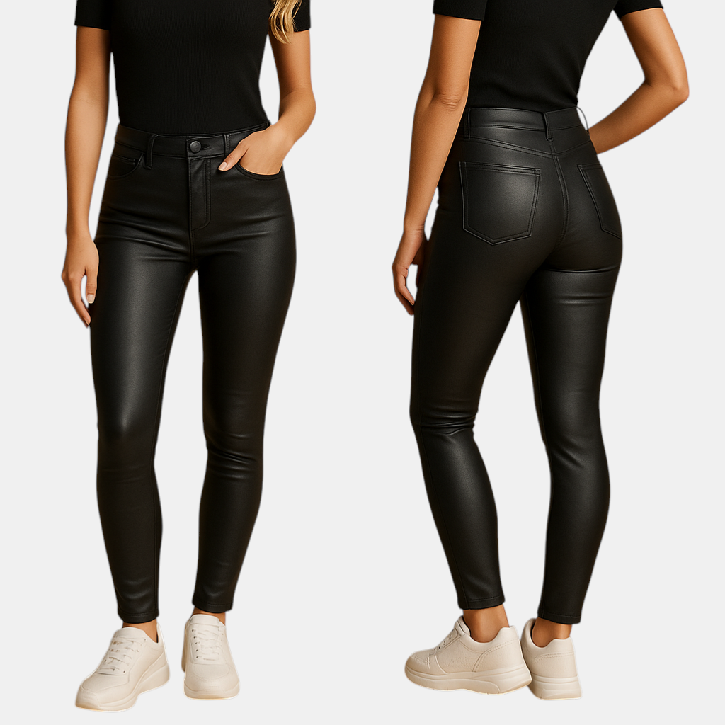 Damesbroek met hoge taille en slim fit pasvorm, gemaakt van rekbaar materiaal voor een flatterend en stijlvol silhouet.
