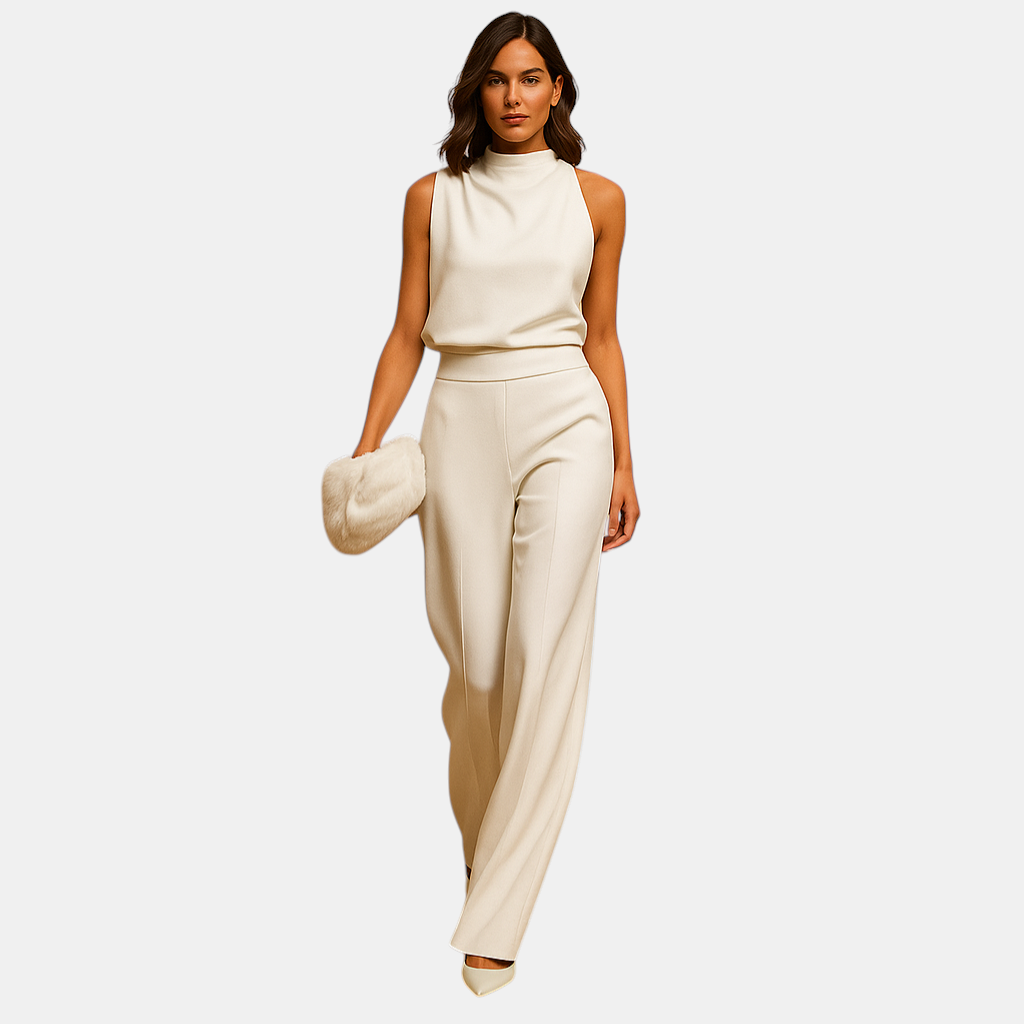 Stijlvolle dames jumpsuit met hoge taille, halterhals en wijde pijpen – ideaal voor feestelijke gelegenheden en avondjes uit.