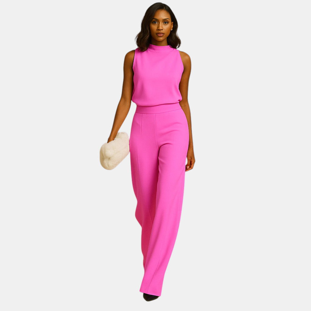 Stijlvolle dames jumpsuit met hoge taille, halterhals en wijde pijpen – ideaal voor feestelijke gelegenheden en avondjes uit.