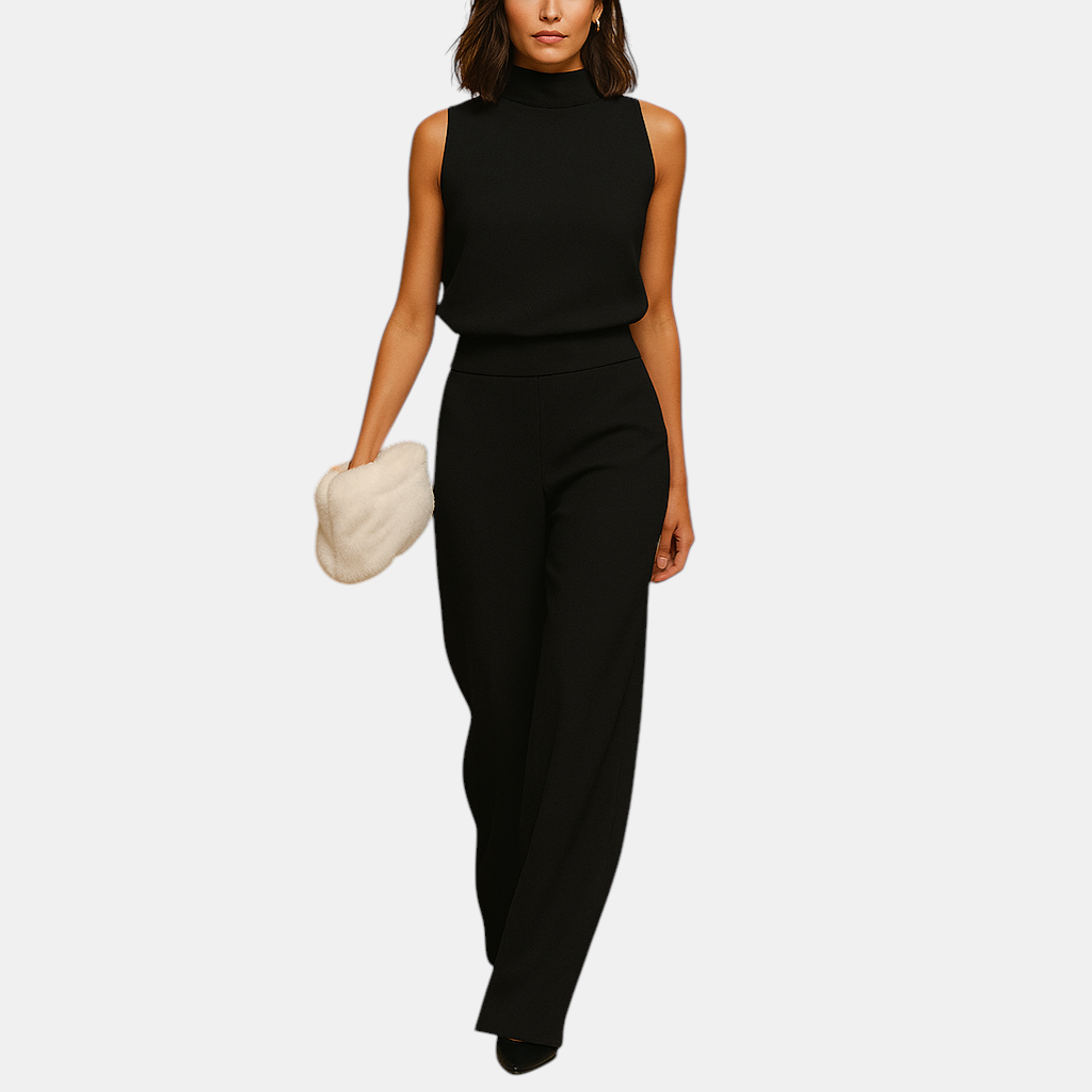 Stijlvolle dames jumpsuit met hoge taille, halterhals en wijde pijpen – ideaal voor feestelijke gelegenheden en avondjes uit.
