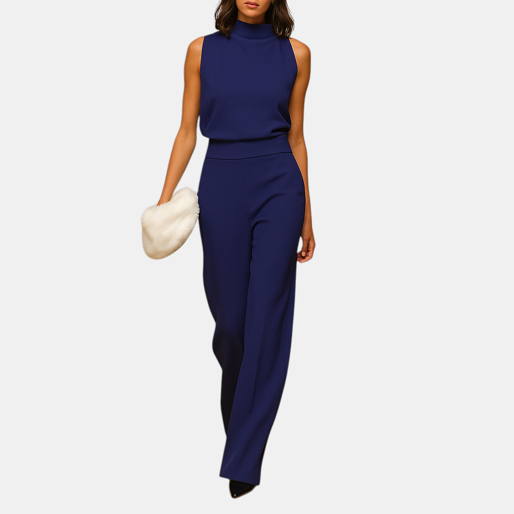 Stijlvolle dames jumpsuit met hoge taille, halterhals en wijde pijpen – ideaal voor feestelijke gelegenheden en avondjes uit.