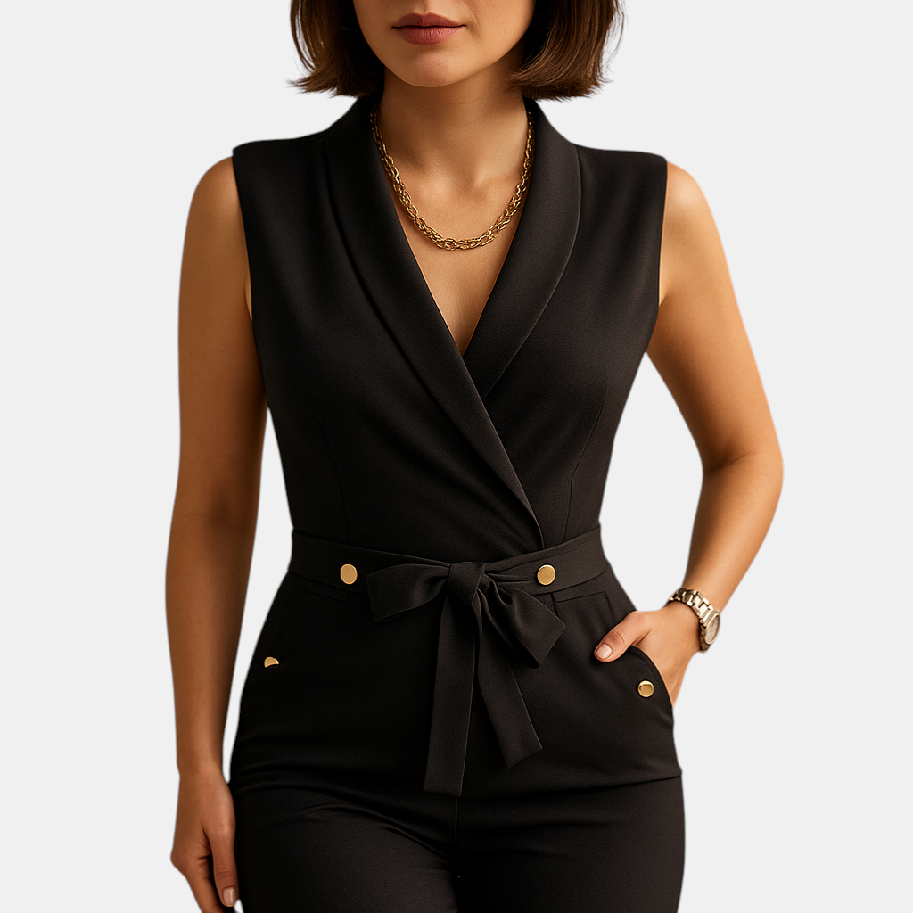 Elegante dames jumpsuit met diepe V-hals en taille-strik, perfect voor avondjes uit en formele gelegenheden.