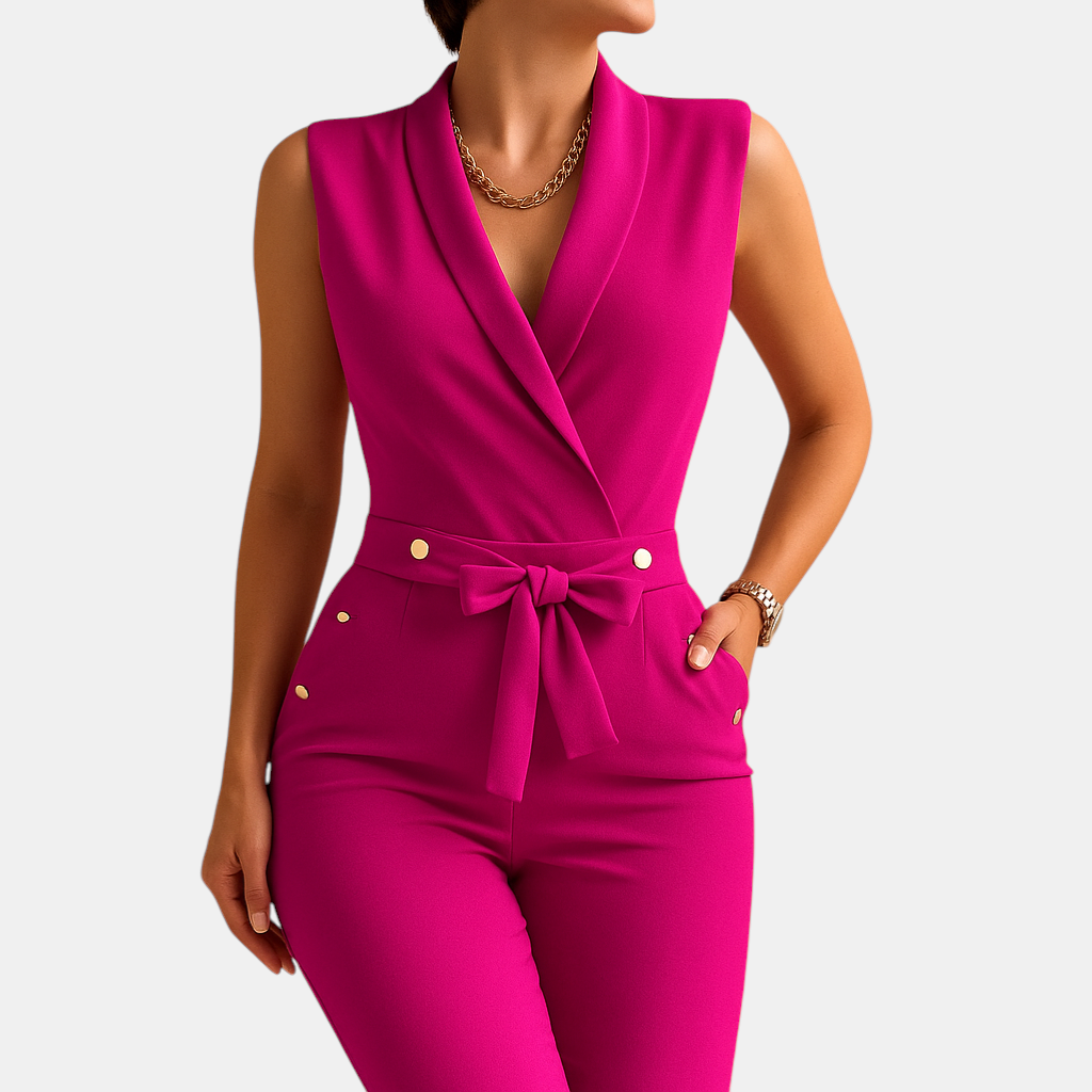Elegante dames jumpsuit met diepe V-hals en taille-strik, perfect voor avondjes uit en formele gelegenheden.