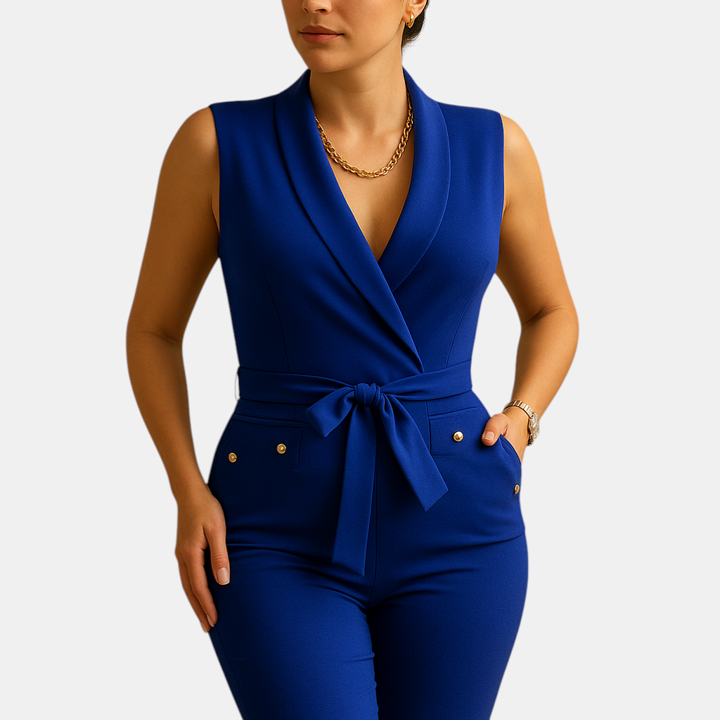 Elegante dames jumpsuit met diepe V-hals en taille-strik, perfect voor avondjes uit en formele gelegenheden.