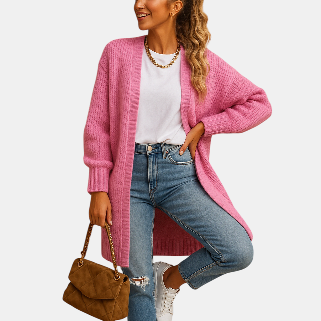 Klassiek gebreid damesvest met open voorkant en lange mouwen. Zacht, warm en perfect voor winter en tussenseizoenen in meerdere kleuren.