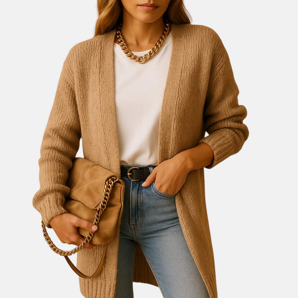 Klassiek gebreid damesvest met open voorkant en lange mouwen. Zacht, warm en perfect voor winter en tussenseizoenen in meerdere kleuren.
