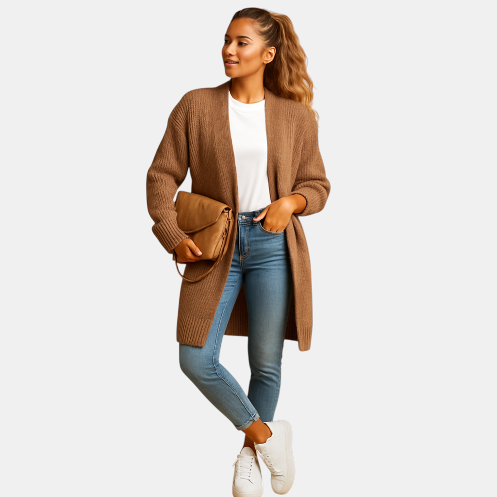 Klassiek gebreid damesvest met open voorkant en lange mouwen. Zacht, warm en perfect voor winter en tussenseizoenen in meerdere kleuren.
