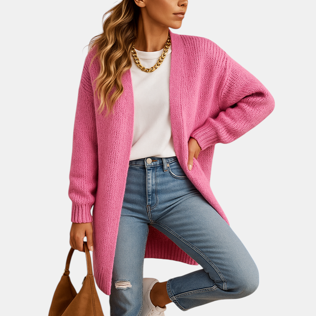 Klassiek gebreid damesvest met open voorkant en lange mouwen. Zacht, warm en perfect voor winter en tussenseizoenen in meerdere kleuren.