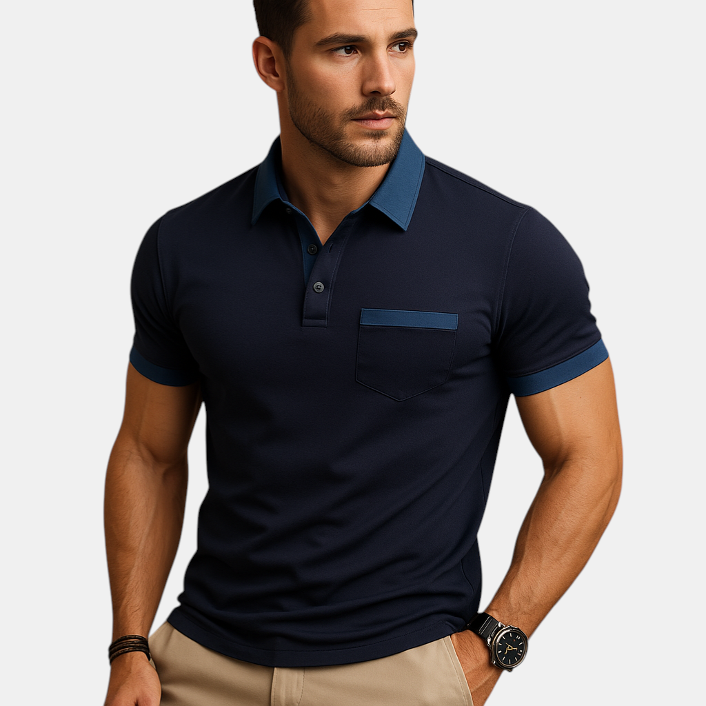 Elegant marine blue Raf Classic Fit Polo Shirt with short sleeves for men, ideal for formal and casual occasions.