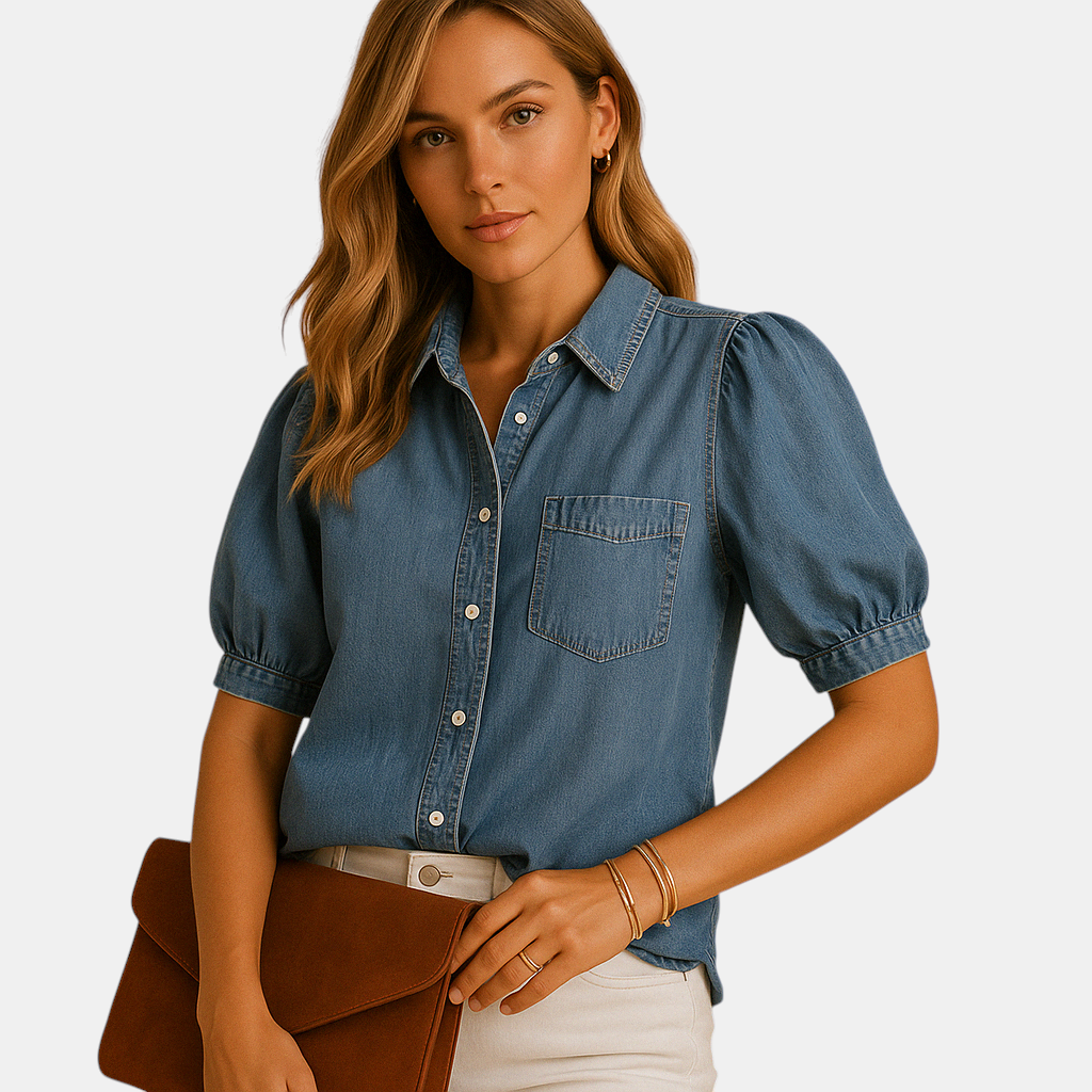 Klassieke damesblouse van denim met knoopsluiting en getailleerde pasvorm, ideaal voor herfstoutfits en casual combinaties