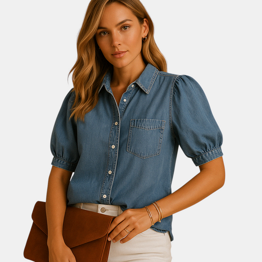 Klassieke damesblouse van denim met knoopsluiting en getailleerde pasvorm, ideaal voor herfstoutfits en casual combinaties