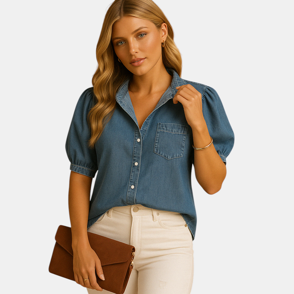 Klassieke damesblouse van denim met knoopsluiting en getailleerde pasvorm, ideaal voor herfstoutfits en casual combinaties