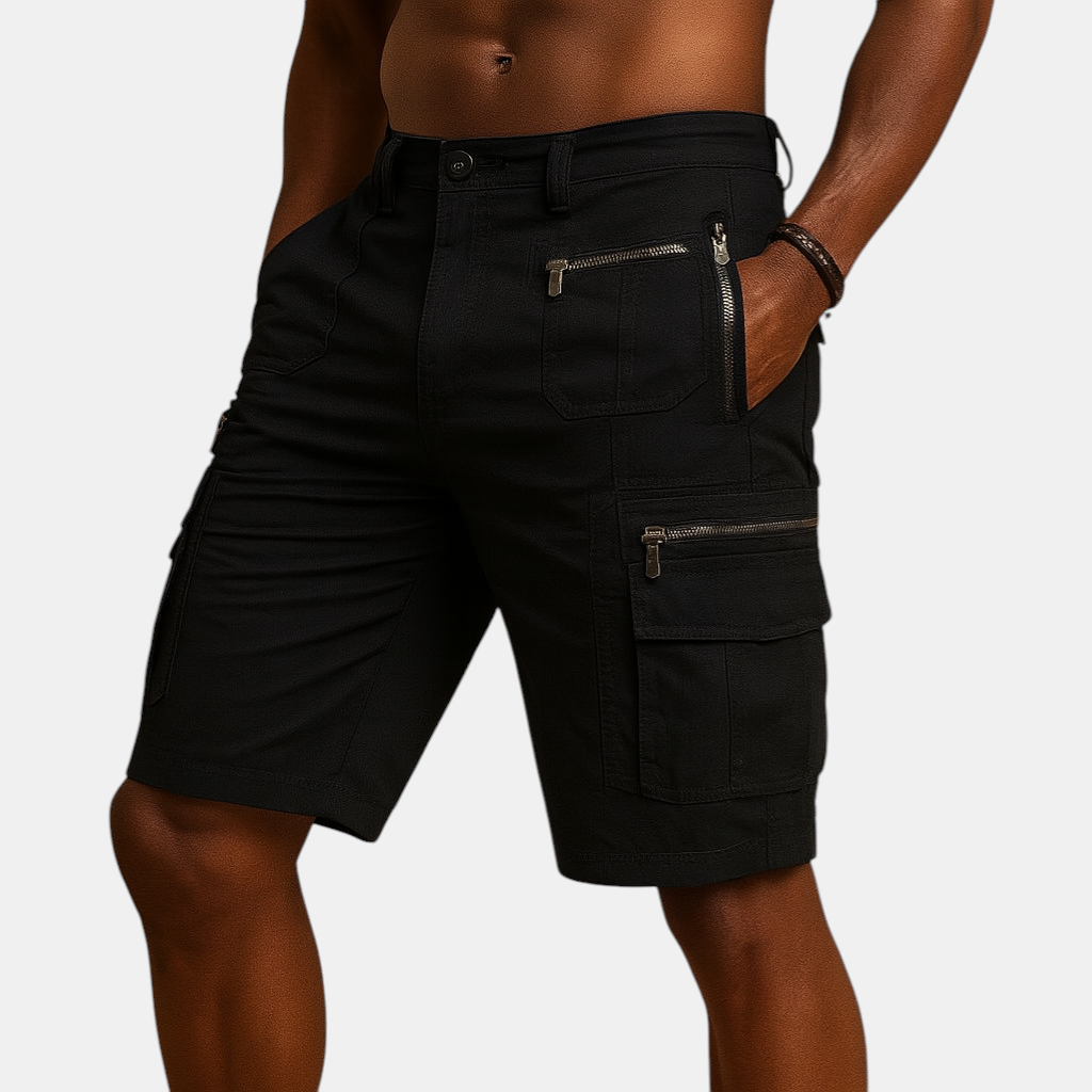 Heren cargoshort tot op de knie met meerdere rits- en klepzakken, perfect voor outdoor, reizen en casual zomerdagen.