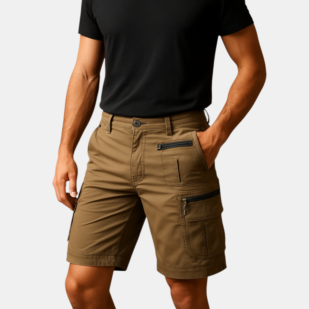 Heren cargoshort tot op de knie met meerdere rits- en klepzakken, perfect voor outdoor, reizen en casual zomerdagen.