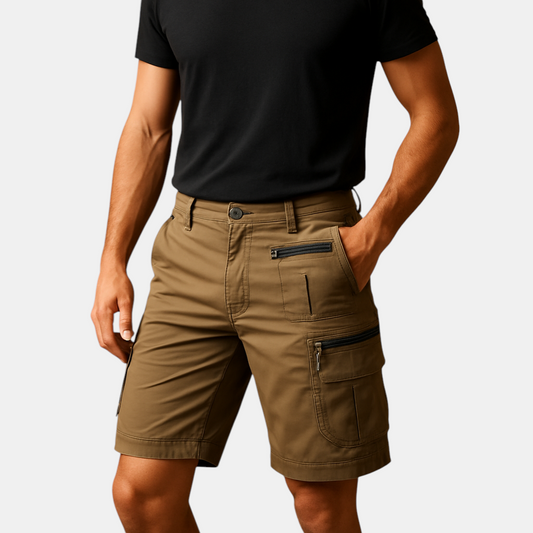 Heren cargoshort tot op de knie met meerdere rits- en klepzakken, perfect voor outdoor, reizen en casual zomerdagen.